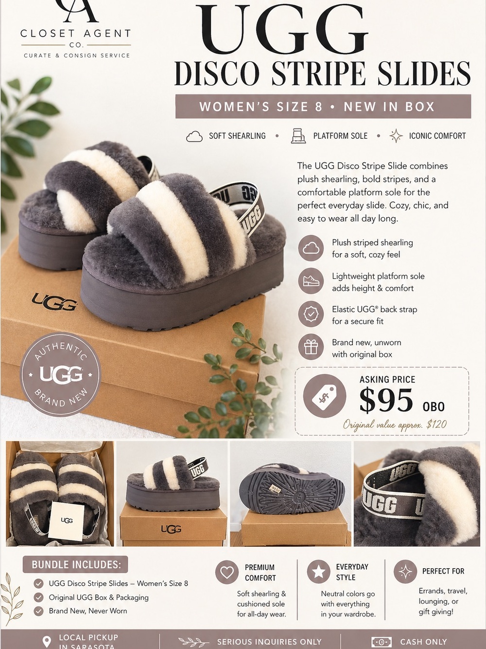 UGG Ladies Disco Stripe Slides in Gray and Cream